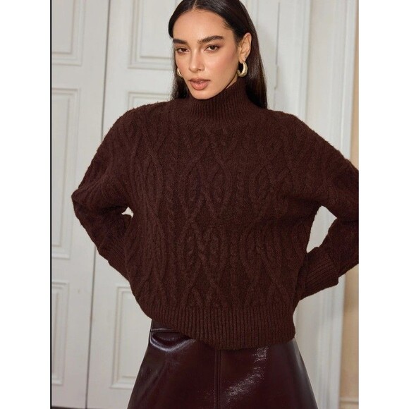 COMMENSE Women’s Brown Cable Knit Turtleneck Sweater Chunky Knit Pullover LARGE - Picture 12 of 13